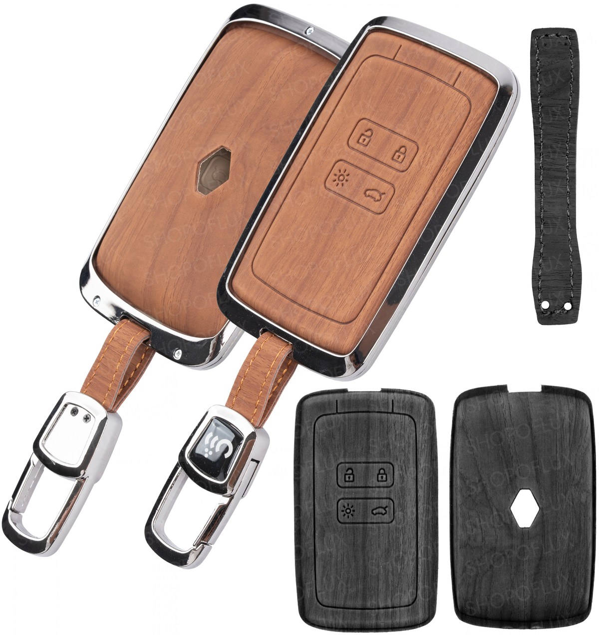 SHOPOFLUX Metal Key Cover Compatible with Renault Triber | Kiger | Duster | Gravite | Nissan Tekton 4 Button Smart Key (Black Brown Leather)