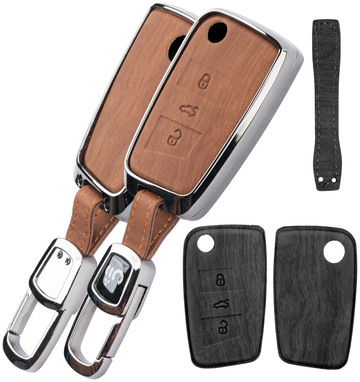 SHOPOFLUX Metal Key Cover Compatible for Skoda & Volkswagen Cars Kylaq | Slavia | Kushaq | Octavia | Virtus | Taigun | Tiguan | T ROC 3 Button Flip Key (Leather Black Brown)
