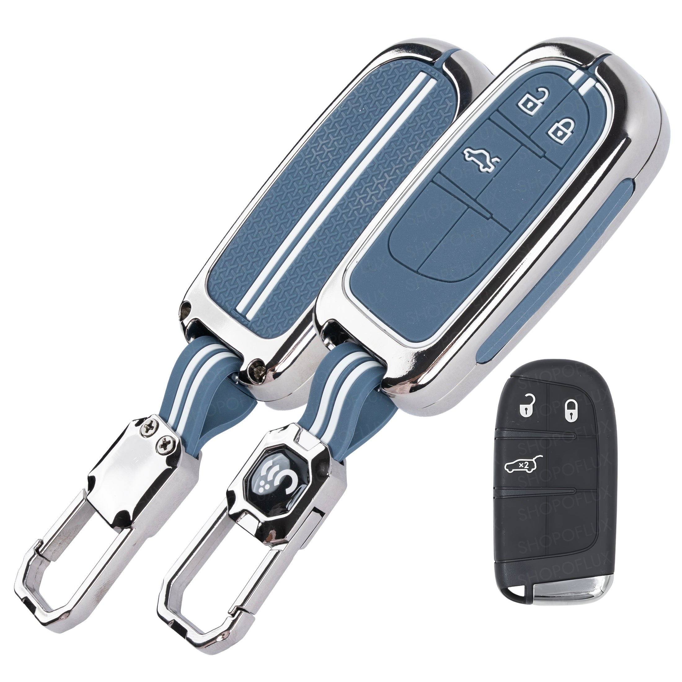 SHOPOFLUX Metal Key Cover Compatible for Jeep Meridian, Compass, Trailhawk, 3 Button Smart Key (Metal Silicone Blue) Shopoflux