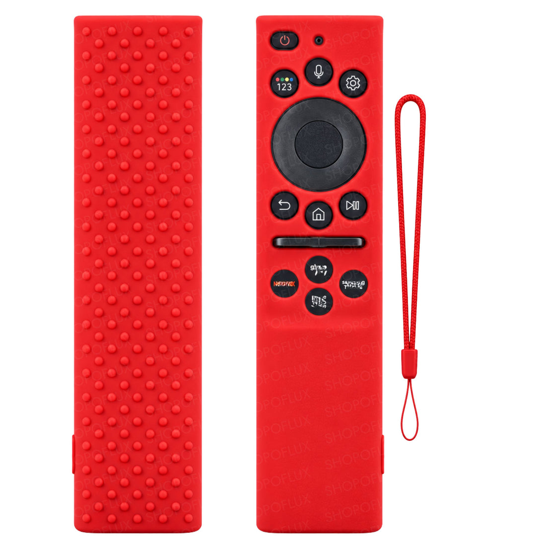 Red silicone Samsung remote cover, front and raised-dot back views, with matching lanyard