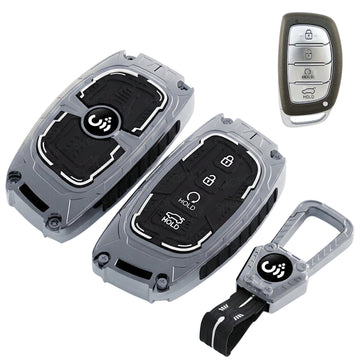 SHOPOFLUX Key Cover Compatible with Hyundai Alcazar and Creta ev Car 4 Button Smart Key (Metal Silicone Blackk) Shopoflux