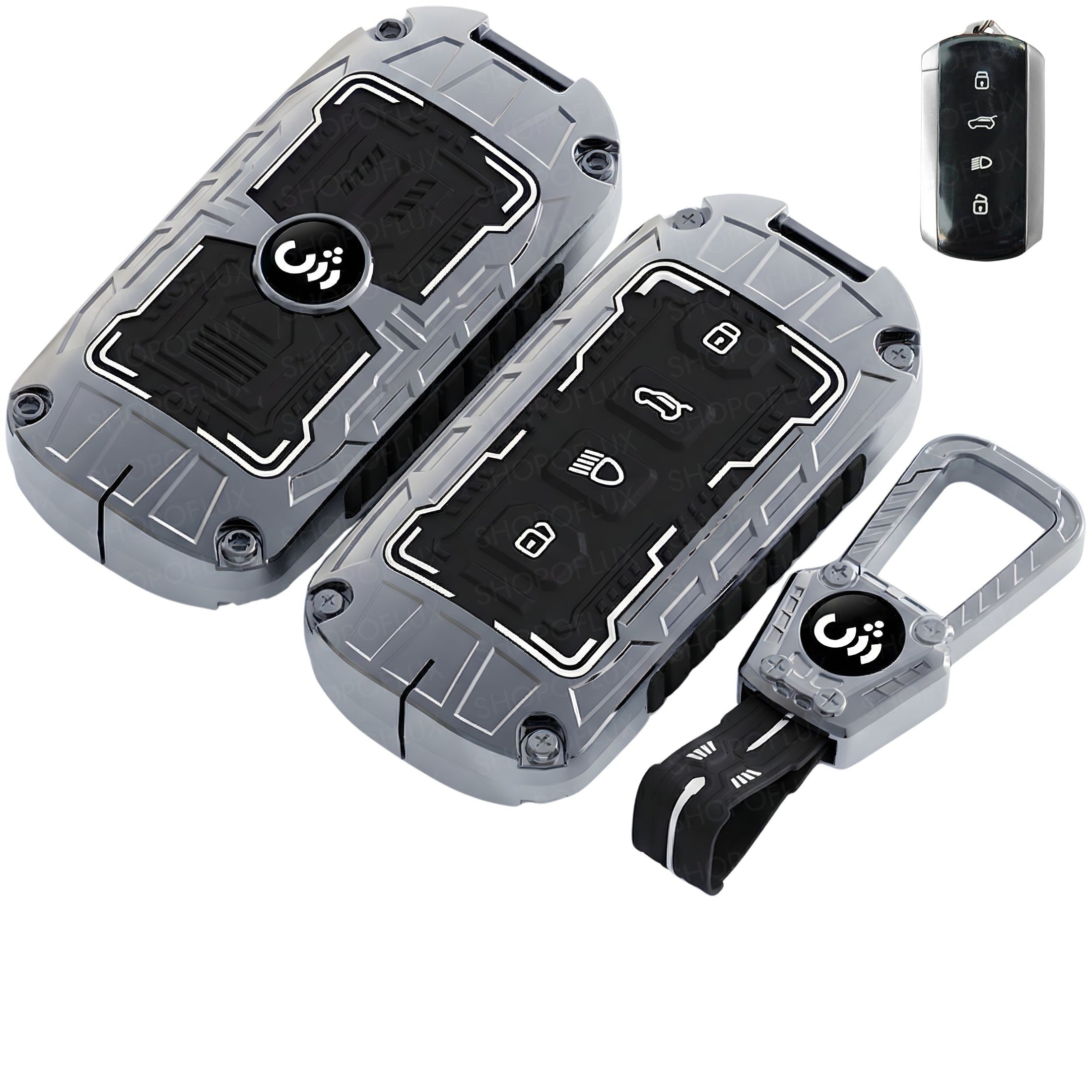 SHOPOFLUX Metal Key Cover Compatible for Tata Curvv | Curvv EV Electric | Sierra | Safari | Harrier | 4 Button Smart Key Only (Metal Black Silicone) Shopoflux