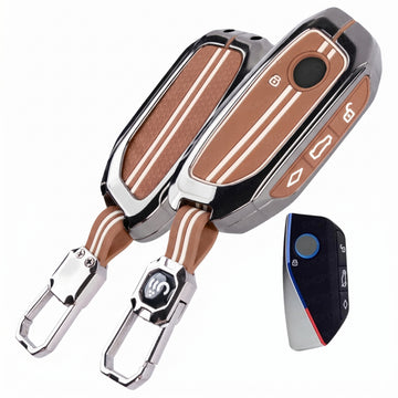 SHOPOFLUX Metal Key Cover Compatible for BMW 7 Series 740i 760i X1 X7 XM IX I7 X5 X3 Smart Key 4 Button (Metal Silicone Brown)
