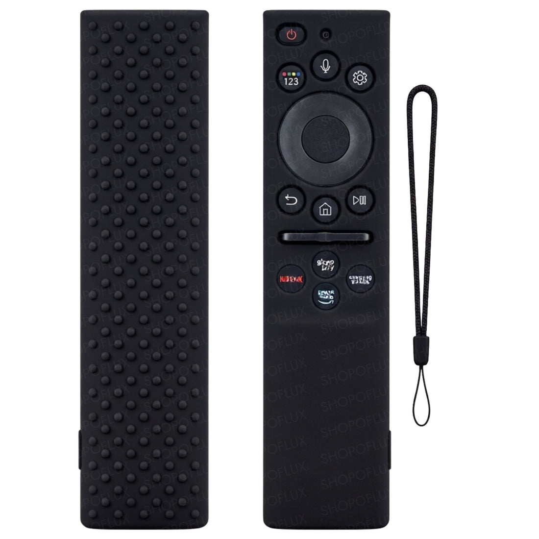 Black silicone Samsung remote cover, front and raised-dot back views, with matching lanyard