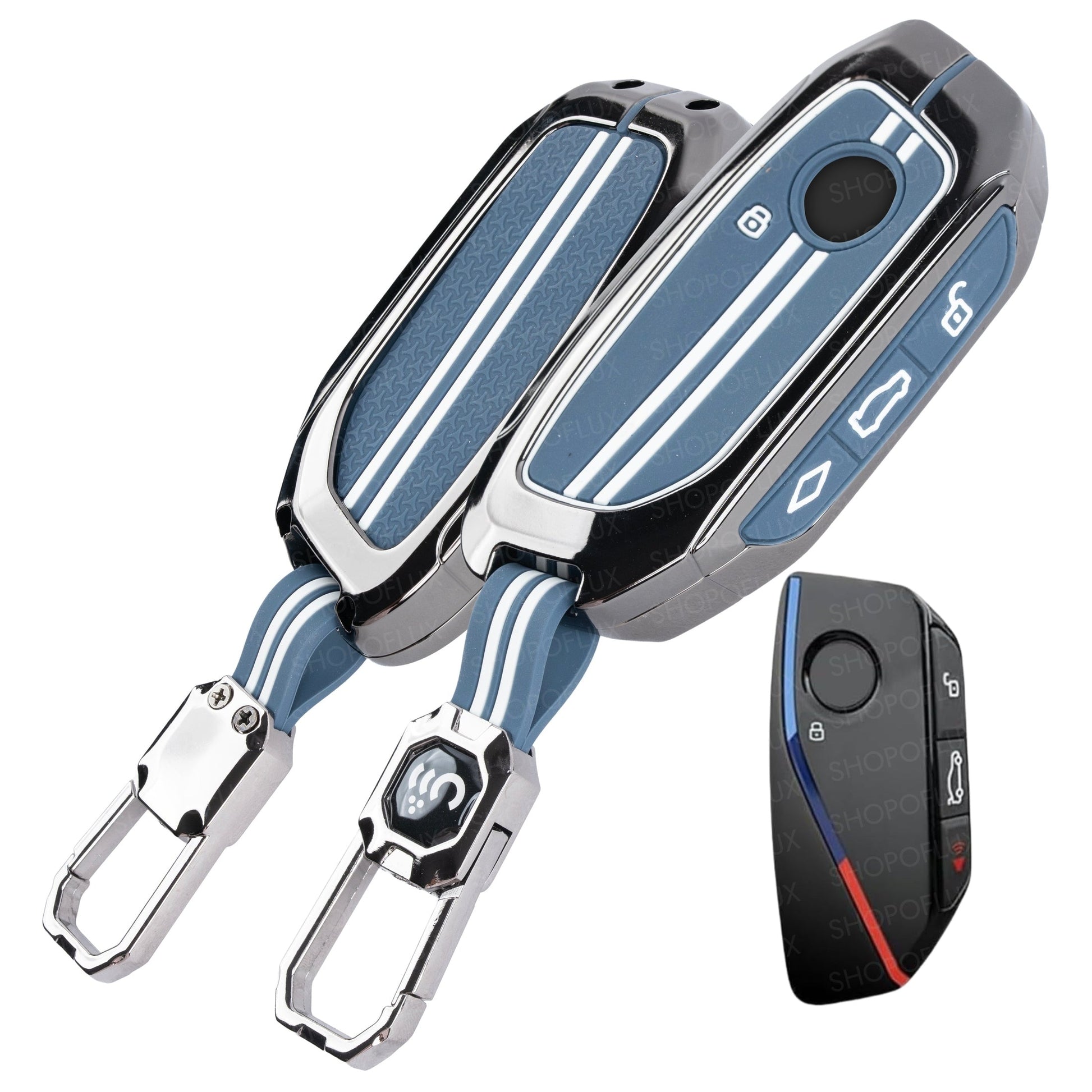 SHOPOFLUX Metal Key Cover Compatible for BMW 7 Series 740i 760i X1 X7 XM IX I7 X5 X3 Smart Key 4 Button (Metal Silicone Blue) Shopoflux