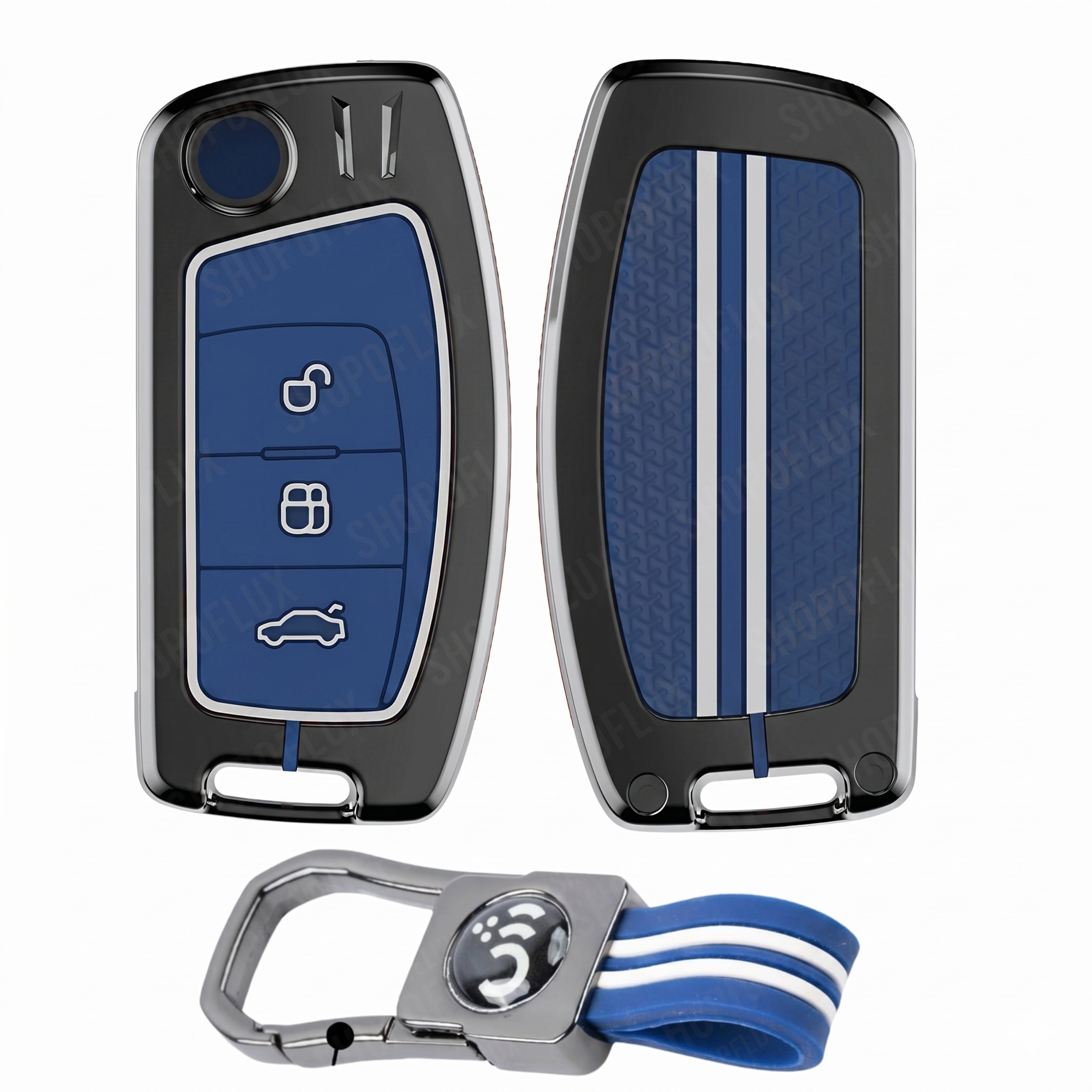 SHOPOFLUX Metal Key Cover Compatible for Ford Old Ecosport | Fiesta | Figo 3 Button Flip Key (Blue Silicone)