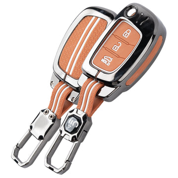 SHOPOFLUX Metal Key Cover for Hyundai Hyundai Creta, Venue, Tucson, Alcazar, I20, Grand i10 Nios, Aura, Xcent, Exter 3 Button Flip Key Only (Metal Brown Silicone)