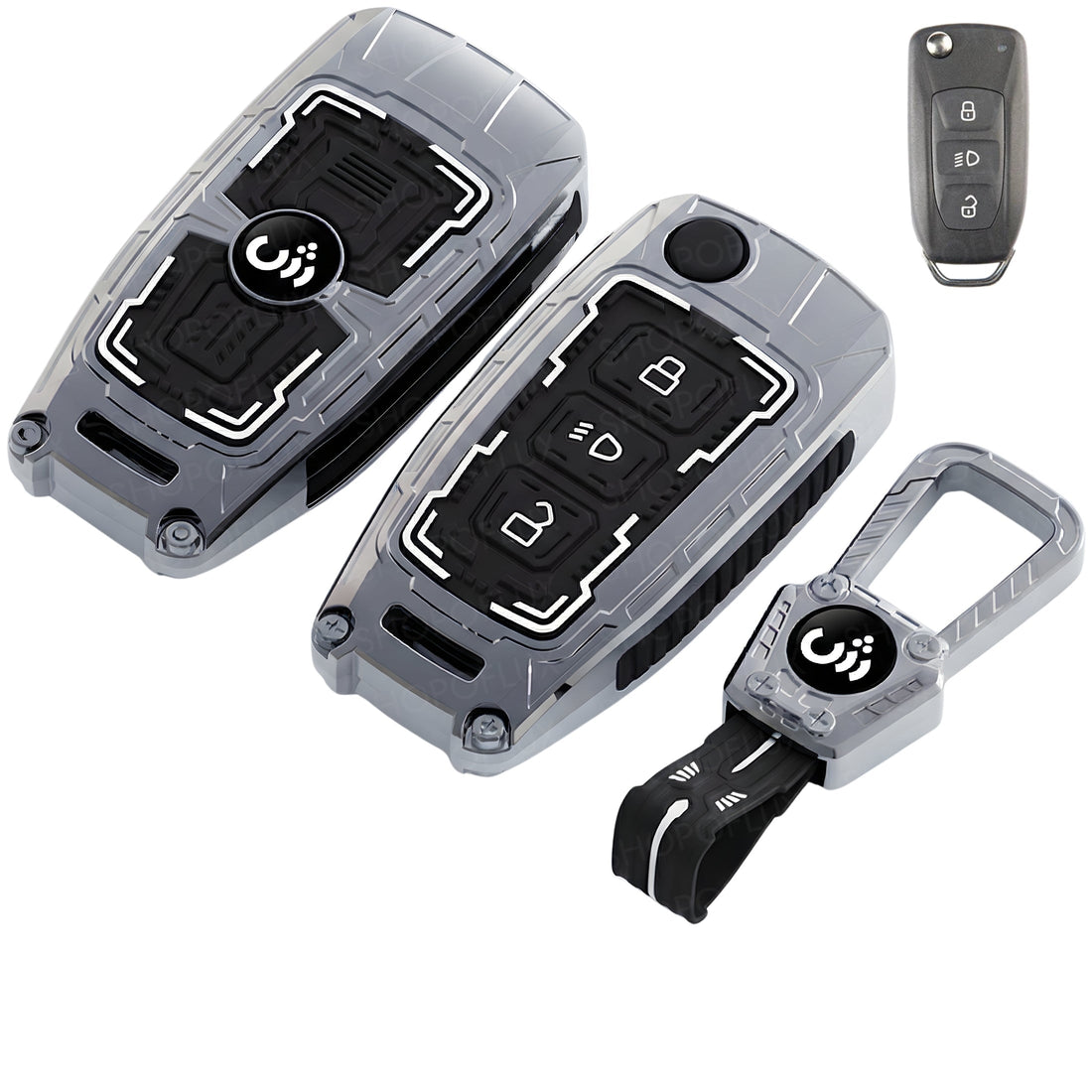 SHOPOFLUX Metal Key Cover Compatible with Tata Tiago | Nexon | Altroz | Curvv | Safari | Storme | Zest | Bolt | Tigor | Punch | Hexa 3 Button Flip Key (Metal Black Silicone) Shopoflux