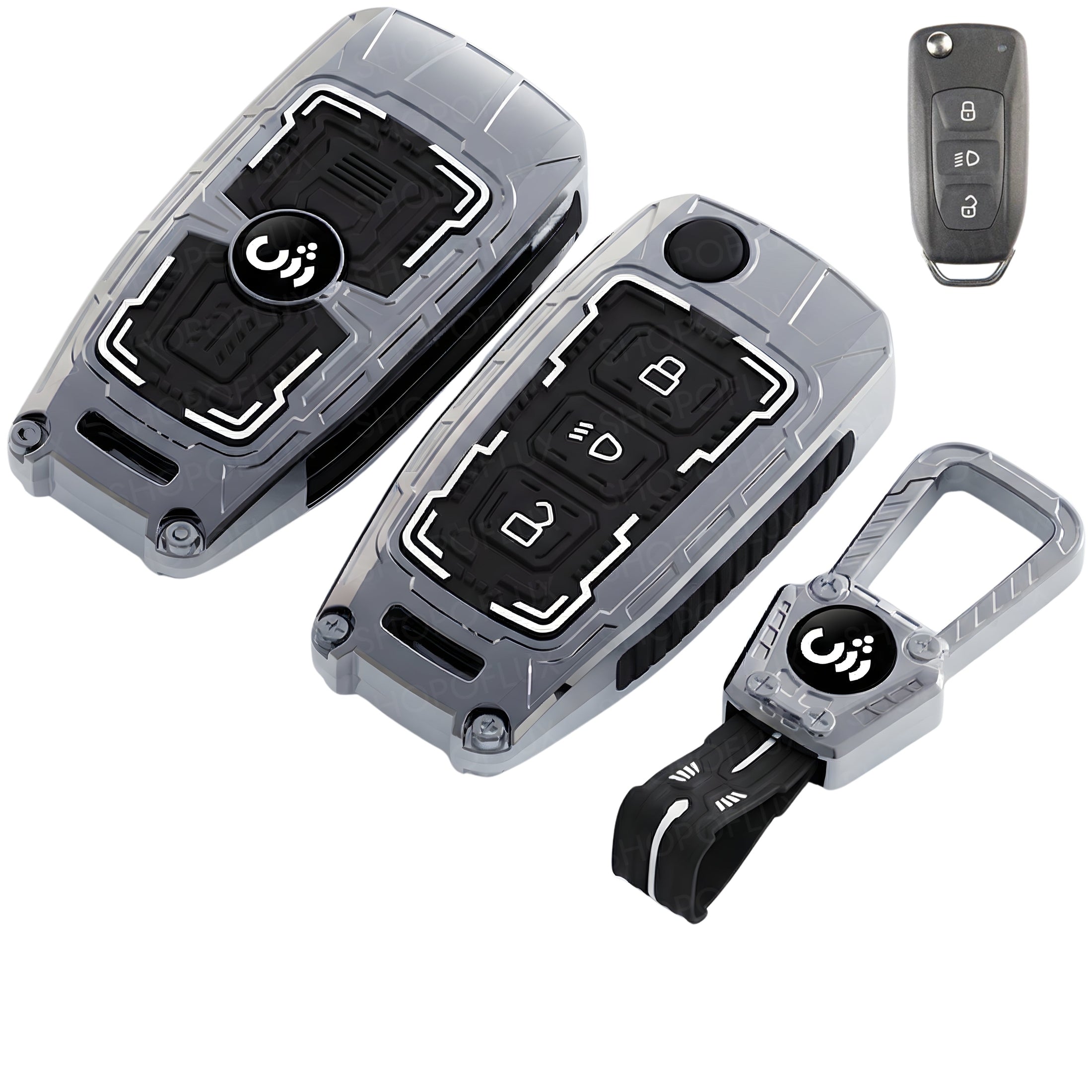 SHOPOFLUX Metal Key Cover Compatible with Tata Tiago | Nexon | Altroz | Curvv | Safari | Storme | Zest | Bolt | Tigor | Punch | Hexa 3 Button Flip Key (Metal Black Silicone) Shopoflux