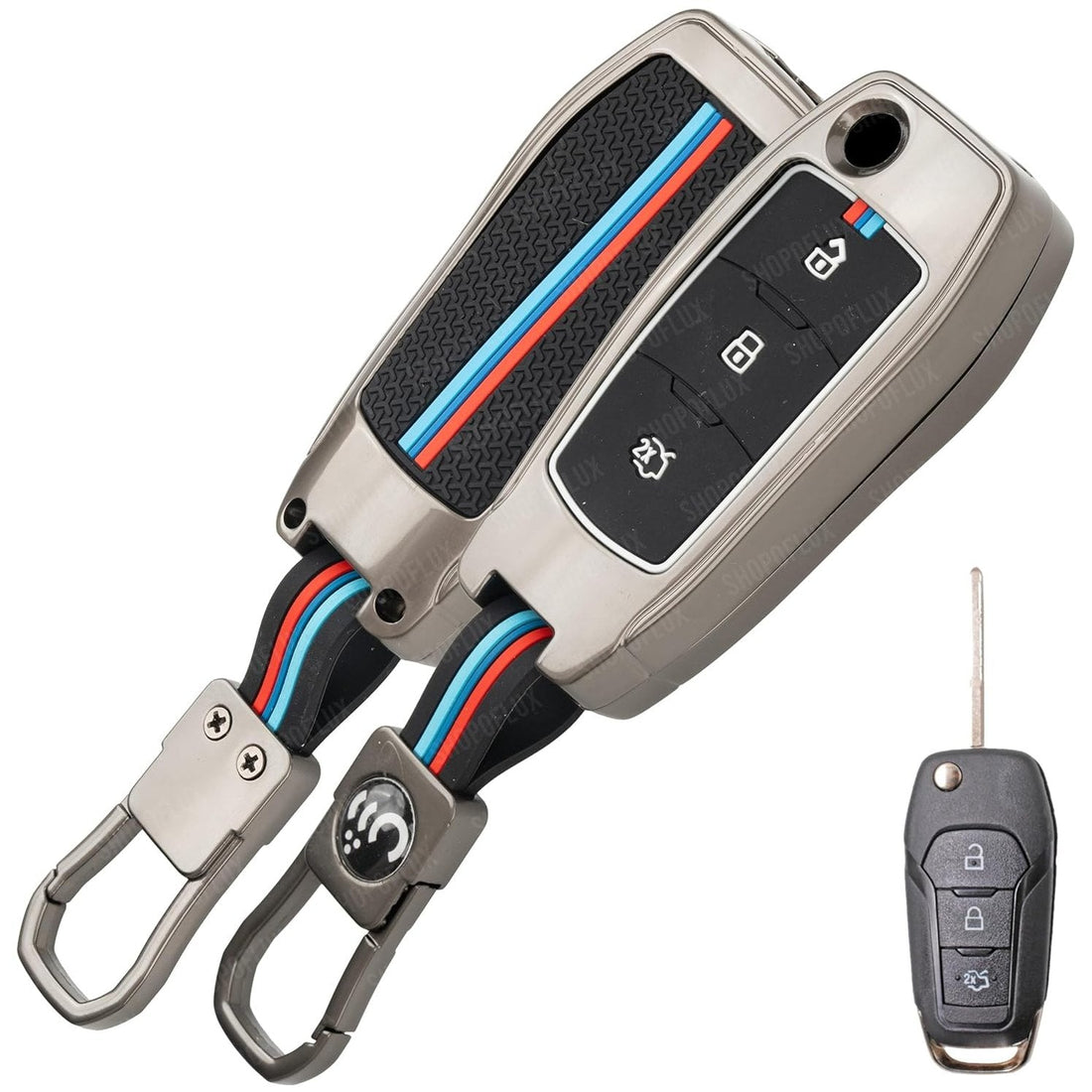 SHOPOFLUX Metal Key Cover Compatible for Ford Endeavour | Figo | Aspire | Freestyle 3 Button Flip Key - Black