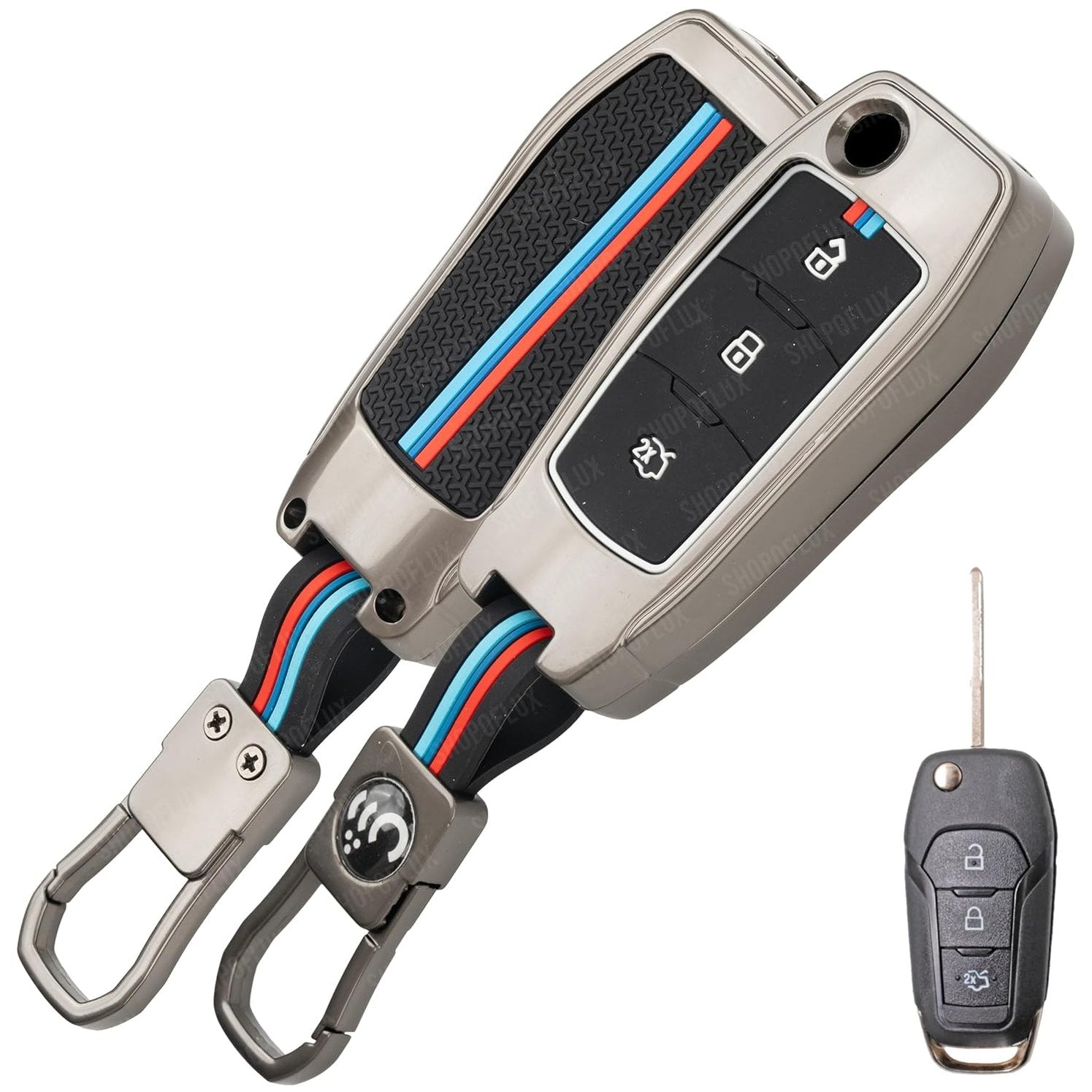 SHOPOFLUX Metal Key Cover Compatible for Ford Endeavour | Figo | Aspire | Freestyle 3 Button Flip Key - Black