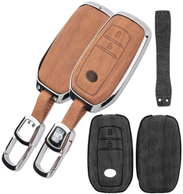SHOPOFLUX Metal Key Cover Compatible with Toyota Innova Crysta, Hilux, Invicto 2 Button Smart Only (Leather Black Brown)