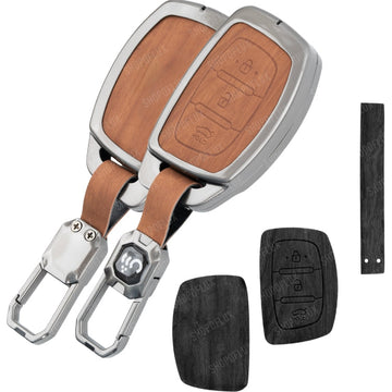 SHOPOFLUX Metal Key Cover for Hyundai Grand i10 NIOS Asta | Venue | i20 | Aura | Exter | Creta | Elantra 3 Button Smart Key Only (Black Brown Leather)