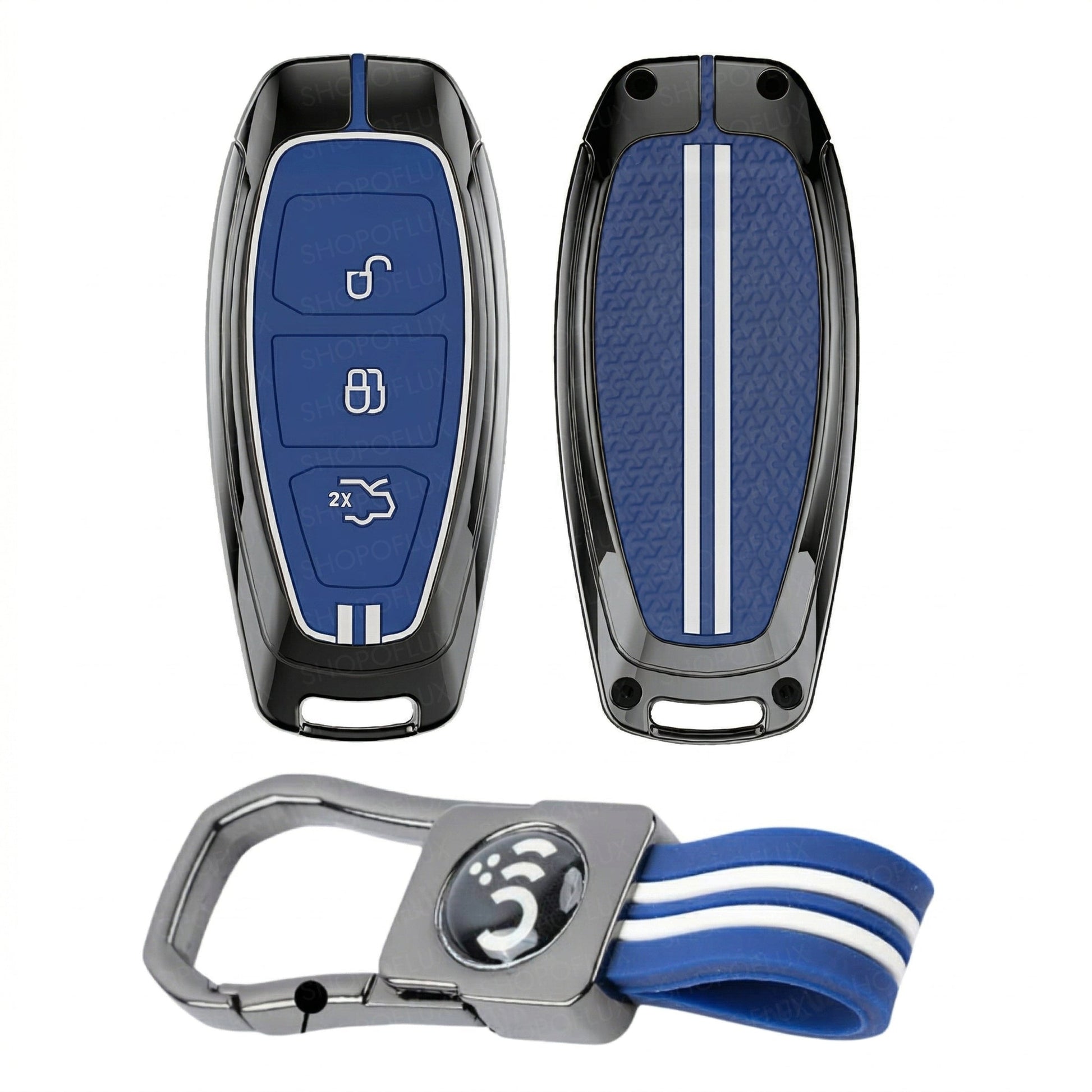 SHOPOFLUX Metal Key Cover Compatible for Ford Ecosport 3 Button Smart Key (Blue Silicone) Shopoflux