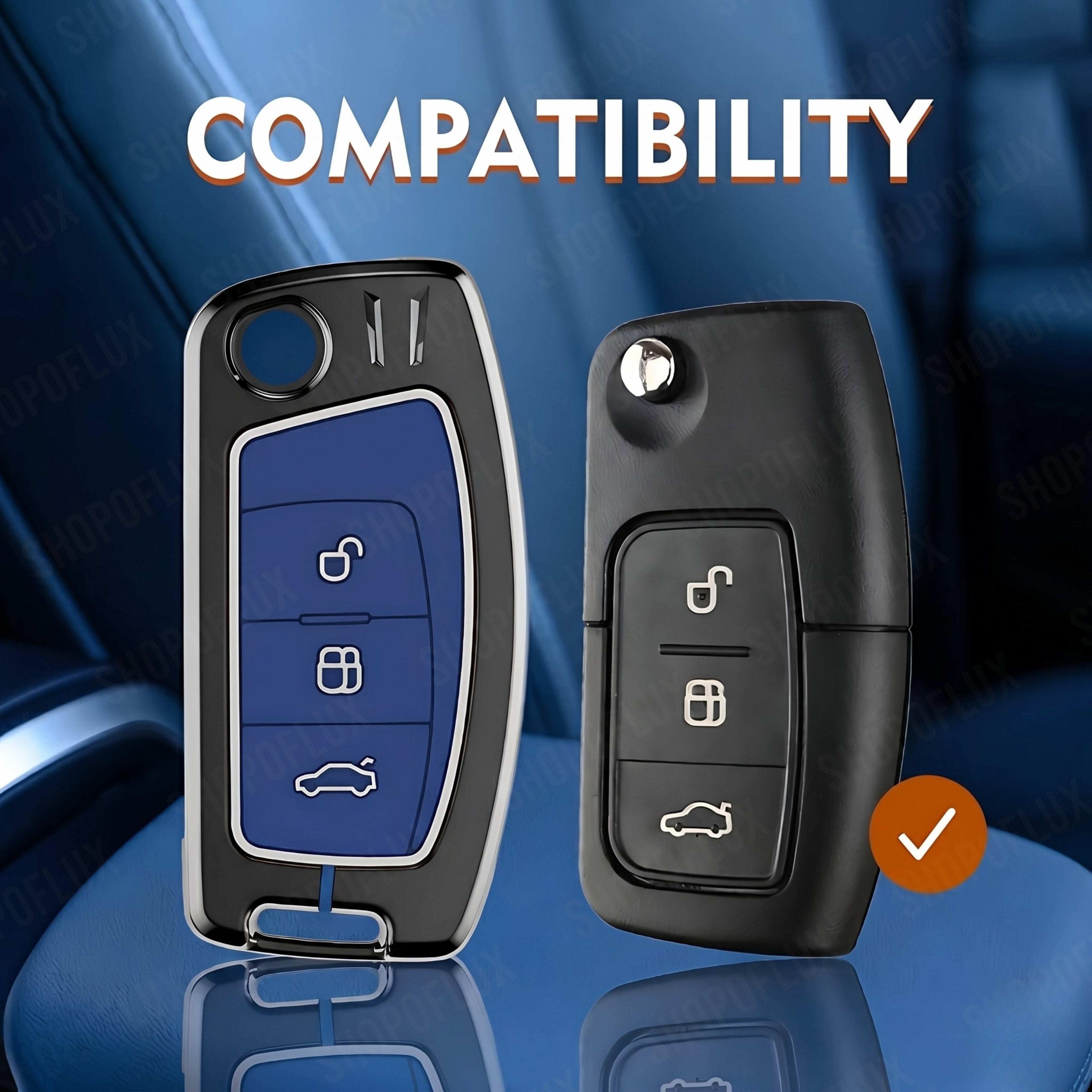 SHOPOFLUX Metal Key Cover Compatible for Ford Old Ecosport | Fiesta | Figo 3 Button Flip Key (Blue Silicone)