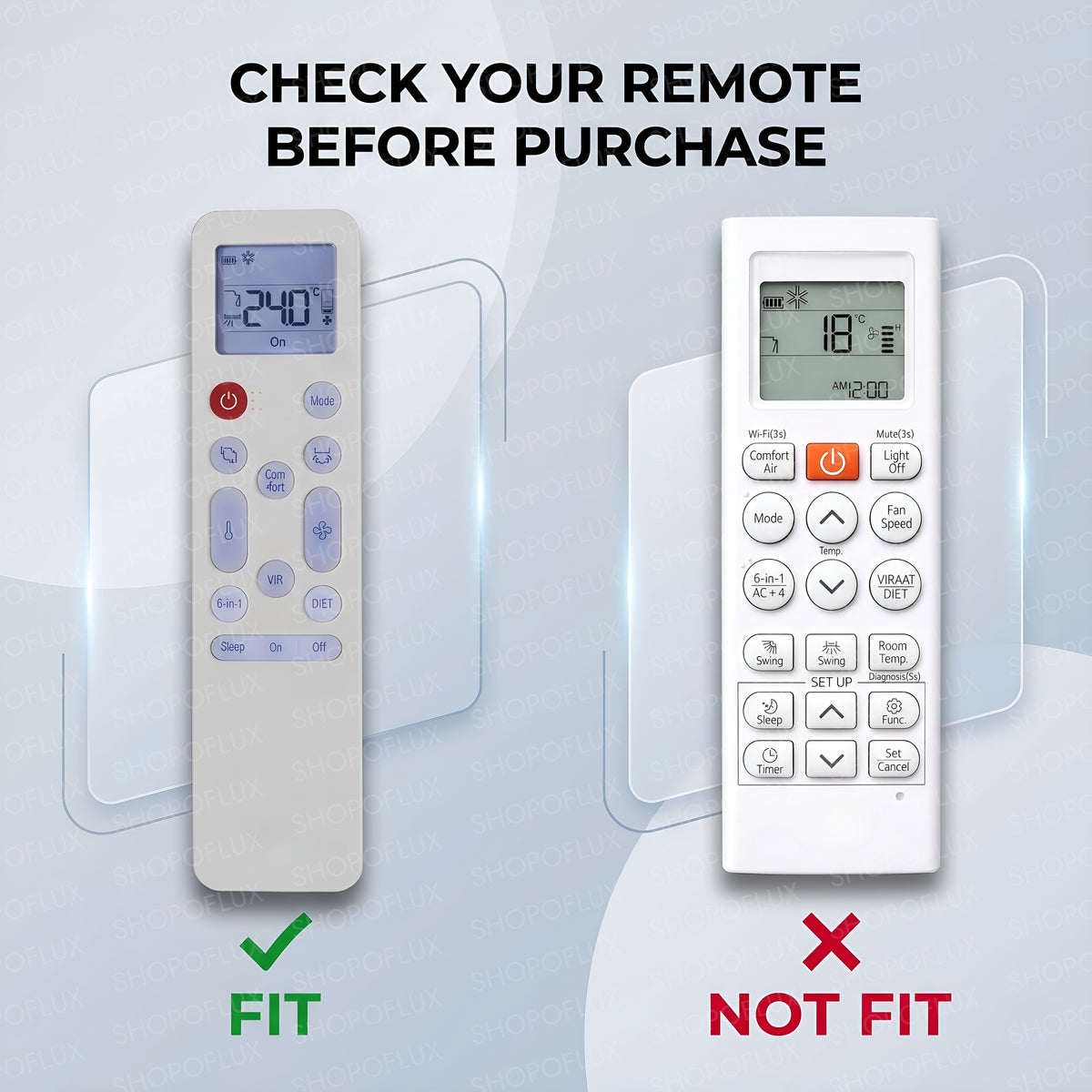 Remote and cover shown for checking shape and button-layout compatibility