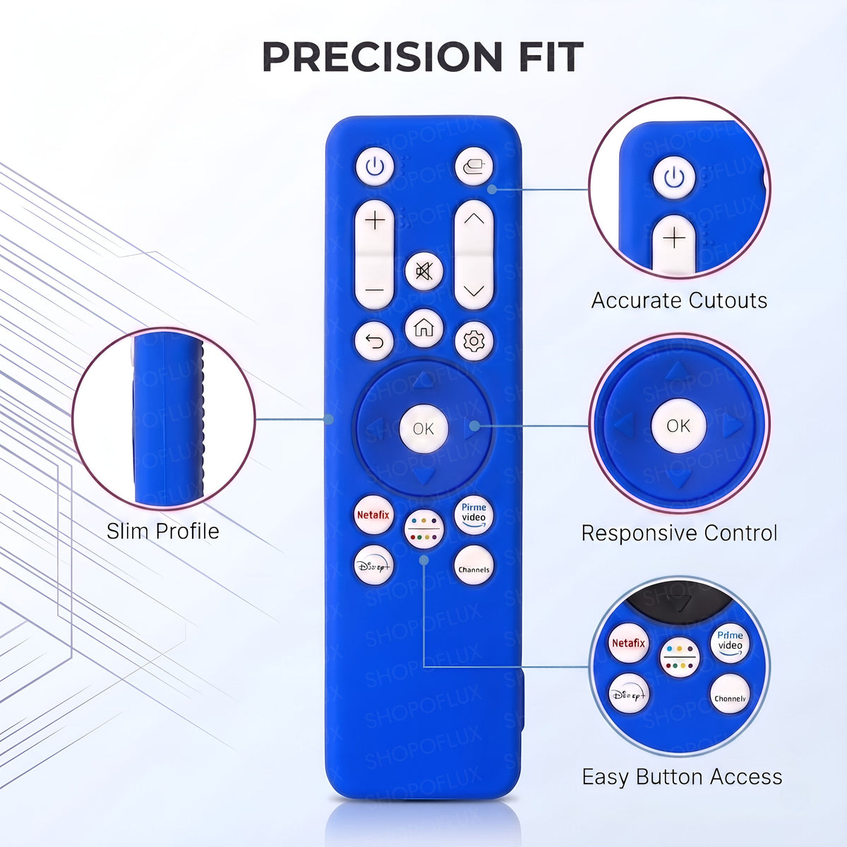 Feature graphic showing the remote cover surface, openings and construction details