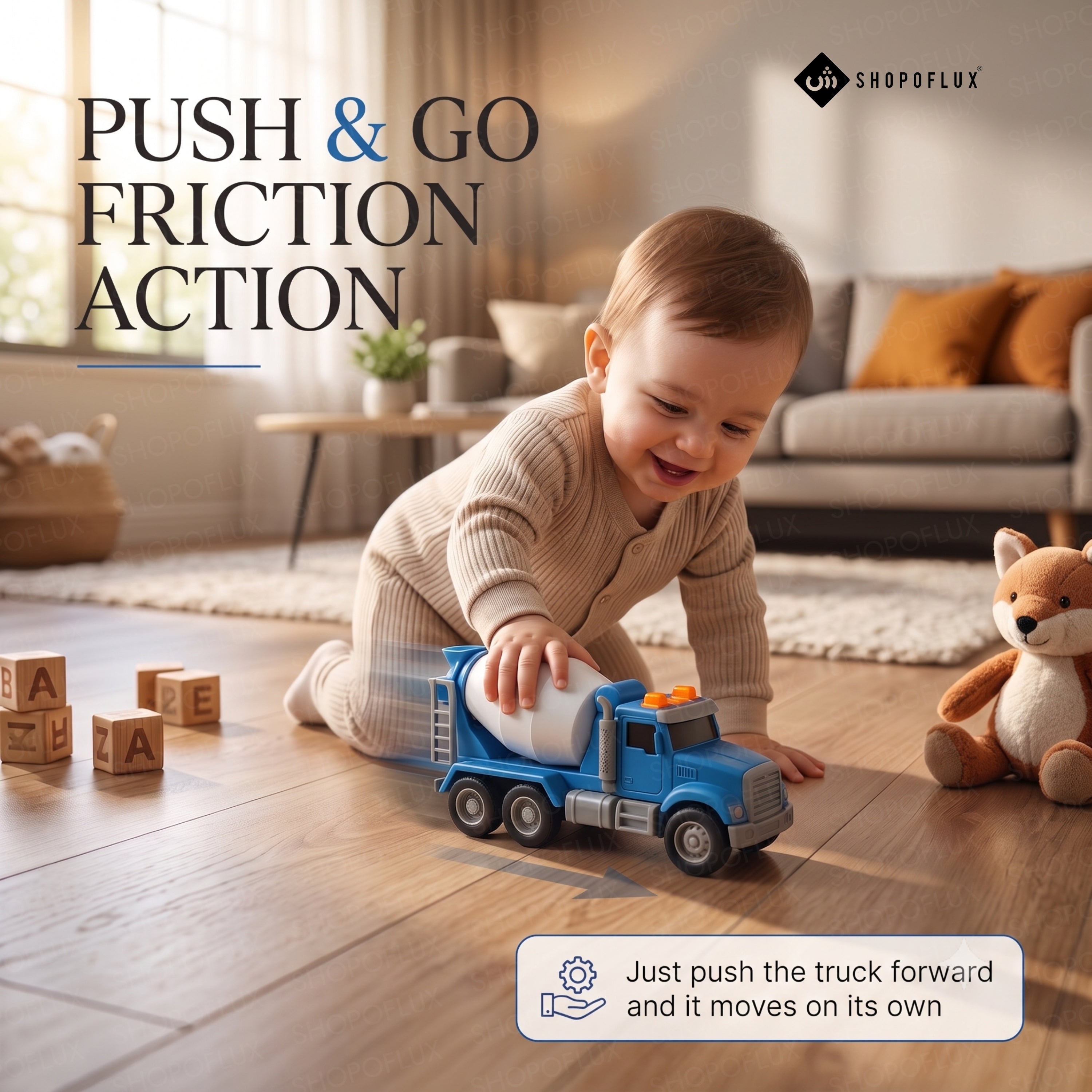 SHOPOFLUX Construction Cement Mixer Truck Toy with Friction Powered Push and Go Truck Toys for Kids, Boys and Girls Aged 3+ Year (Cement Mixer)