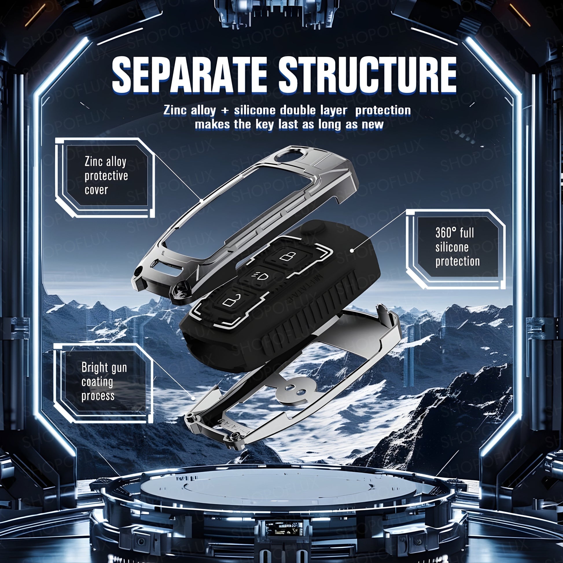 SHOPOFLUX Metal Key Cover Compatible with Tata Tiago | Nexon | Altroz | Curvv | Safari | Storme | Zest | Bolt | Tigor | Punch | Hexa 3 Button Flip Key (Metal Black Silicone) Shopoflux