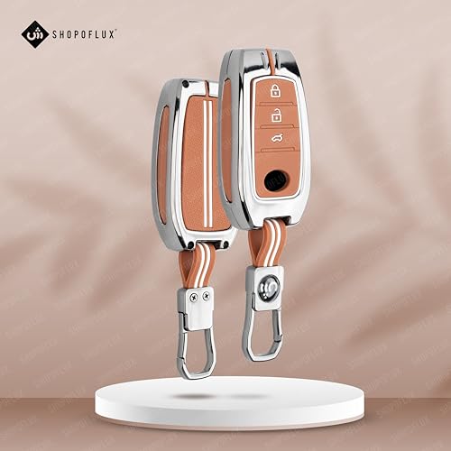SHOPOFLUX Metal Key Cover Compatible with Toyota Fortuner | Fortuner Legender | Innova Hycross | Invicto 3 Button Smart Key (Brown Silicone) Shopoflux