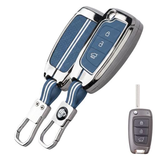 SHOPOFLUX Metal Key Cover Compatible with Hyundai Venue | Verna | i20 N line N6 Car 3 Button Flip Key (Metal Silicone Blue) Shopoflux