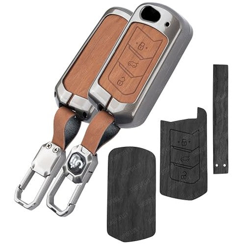 SHOPOFLUX Metal Key Cover Compatible with Mahindra Scorpio N | 3XO | XUV 300 | Marazzo | XUV 700 | XUV 400 ev | Bolero | Thar Roxx 3 Button Flip Key (Brown Silicone) Shopoflux