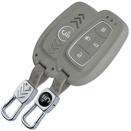 SHOPOFLUX Metal Key Cover Compatible with Tata Nexon | Harrier | Safari | Altroz | Tigor | EV | Punch | Tiago EV Electric 4 Button Smart Key Only (Light Grey ABS) Shopoflux