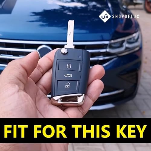 SHOPOFLUX Metal Key Cover Compatible for Skoda & Volkswagen Cars Kylaq | Slavia | Kushaq | Octavia | Virtus | Taigun | Tiguan | T Roc 3 Button Flip Key (Leather Black Brown) Shopoflux