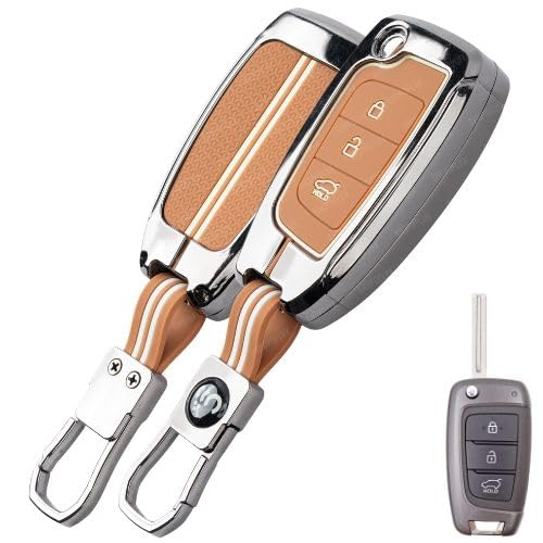SHOPOFLUX Metal Key Cover Compatible with Hyundai Venue | Verna | i20 N line N6 Car 3 Button Flip Key (Metal Silicone Brown) Shopoflux