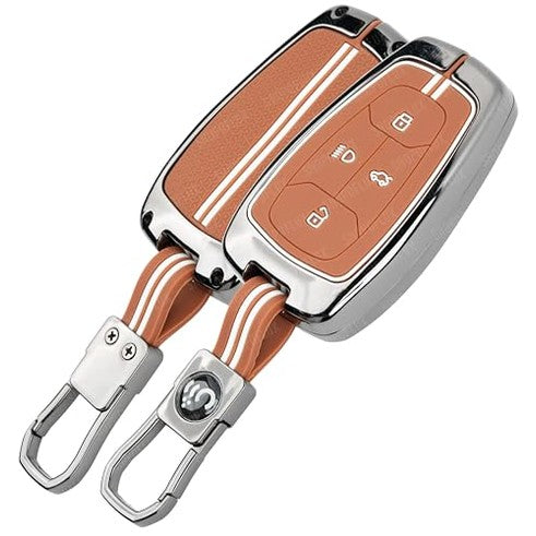 SHOPOFLUX Metal Key Cover Compatible with Tata Nexon | Harrier | Safari | Altroz | Tigor | EV | Punch | Tiago EV Electric 4 Button Smart Key Only (Brown Silicone) Shopoflux