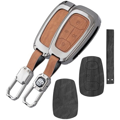 SHOPOFLUX Metal Key Cover Compatible with Tata Nexon | Harrier | Safari | Altroz | Tigor | EV | Punch | Tiago EV Electric 4 Button Smart Key Only (Leather Black Brown) Shopoflux
