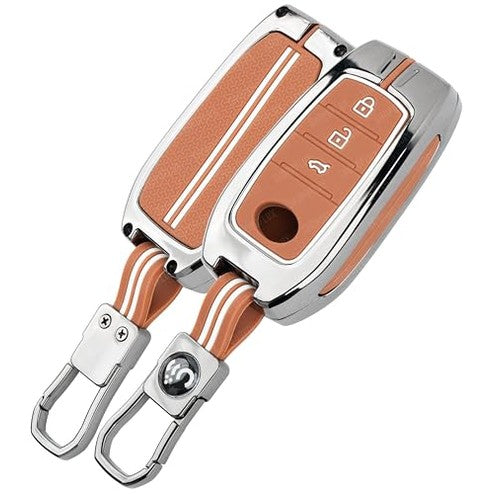 SHOPOFLUX Metal Key Cover Compatible with Toyota Fortuner | Fortuner Legender | Innova Hycross | Invicto 3 Button Smart Key (Brown Silicone) Shopoflux