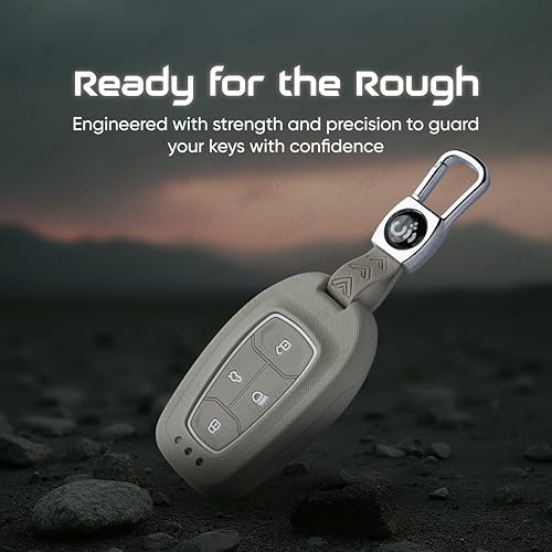 SHOPOFLUX Metal Key Cover Compatible with Tata Nexon | Harrier | Safari | Altroz | Tigor | EV | Punch | Tiago EV Electric 4 Button Smart Key Only (Light Grey ABS) Shopoflux