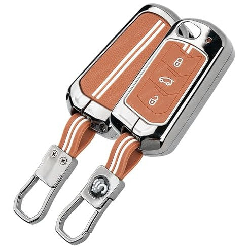 SHOPOFLUX Metal Key Cover Compatible with Mahindra Scorpio N | 3XO | XUV 300 | Marazzo | XUV 700 | XUV 400 ev | Bolero | Thar Roxx 3 Button Flip Key (Brown Silicone) Shopoflux