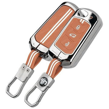 SHOPOFLUX Metal Key Cover Compatible with Mahindra Scorpio N | 3XO | XUV 300 | Marazzo | XUV 700 | XUV 400 ev | Bolero | Thar Roxx 3 Button Flip Key (Brown Silicone) Shopoflux