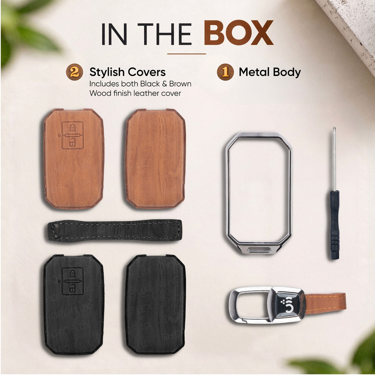 SHOPOFLUX Key Cover Compatible with Baleno, Grand Vitara, XL6, Swift, Brezza, eVitara, Ertiga, Dzire, Fronx, Urban Cruiser, Rumion, Glanza, Hyryder,Victoris 2 Button Key (Metal Leather Black Brown)