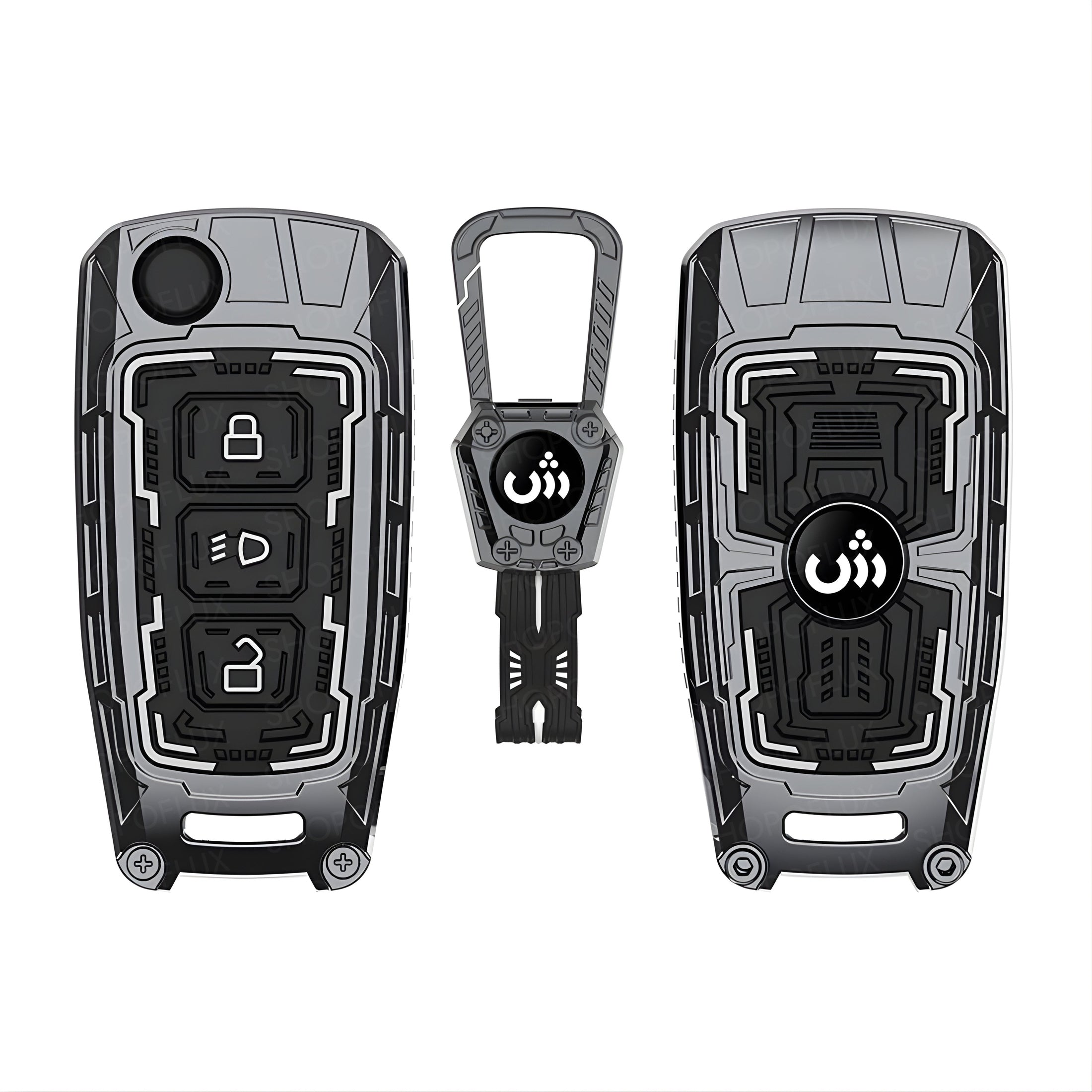 SHOPOFLUX Metal Key Cover Compatible with Tata Tiago | Nexon | Altroz | Curvv | Safari | Storme | Zest | Bolt | Tigor | Punch | Hexa 3 Button Flip Key (Metal Black Silicone) Shopoflux