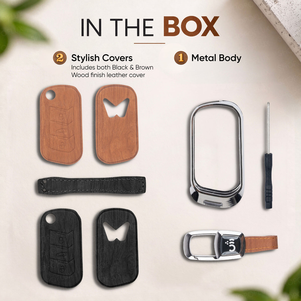 SHOPOFLUX Metal Key Cover Compatible with Mahindra Scorpio N | 3XO | XUV 300 | Marazzo | XUV 700 | XUV 400 ev | Bolero | Thar Roxx 3 Button Flip Key (Leather Black Brown)