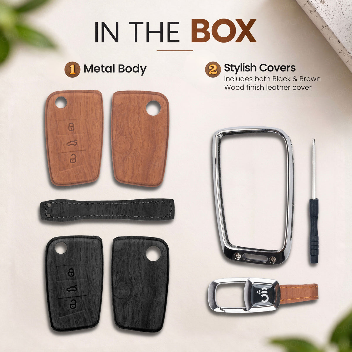 SHOPOFLUX Metal Key Cover Compatible for Skoda & Volkswagen Cars Kylaq | Slavia | Kushaq | Octavia | Virtus | Taigun | Tiguan | T ROC 3 Button Flip Key (Leather Black Brown)