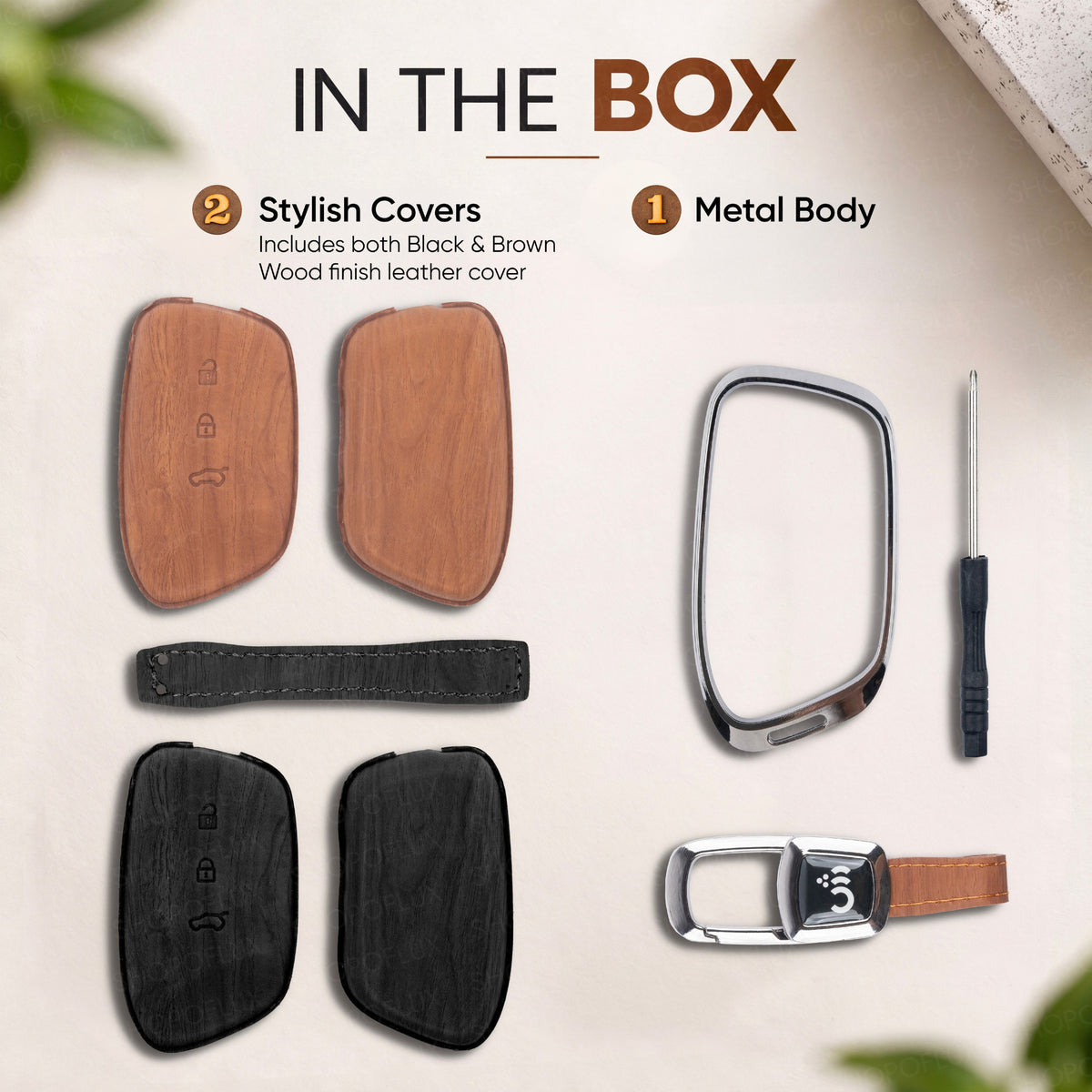 SHOPOFLUX Car Key Cover Compatible for MG Hector | Windsor EV 3 Button Smart Key (Leather Black Brown)