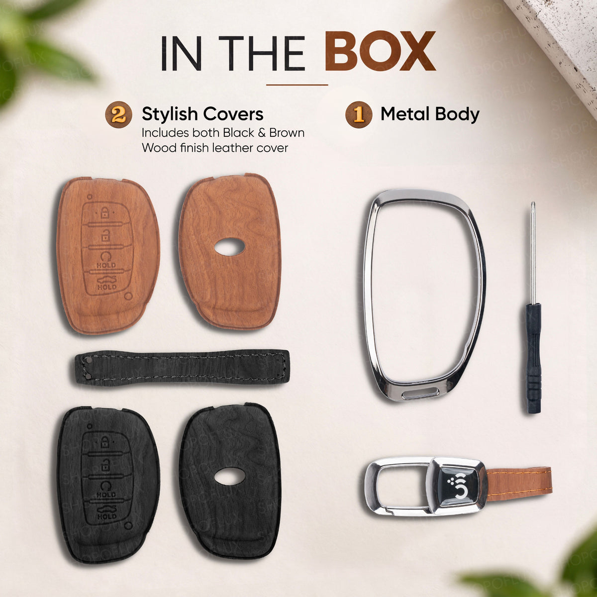 SHOPOFLUX Key Cover Compatible with Hyundai Alcazar and Creta ev Car 4 Button Smart Key (Leather Black Brown)