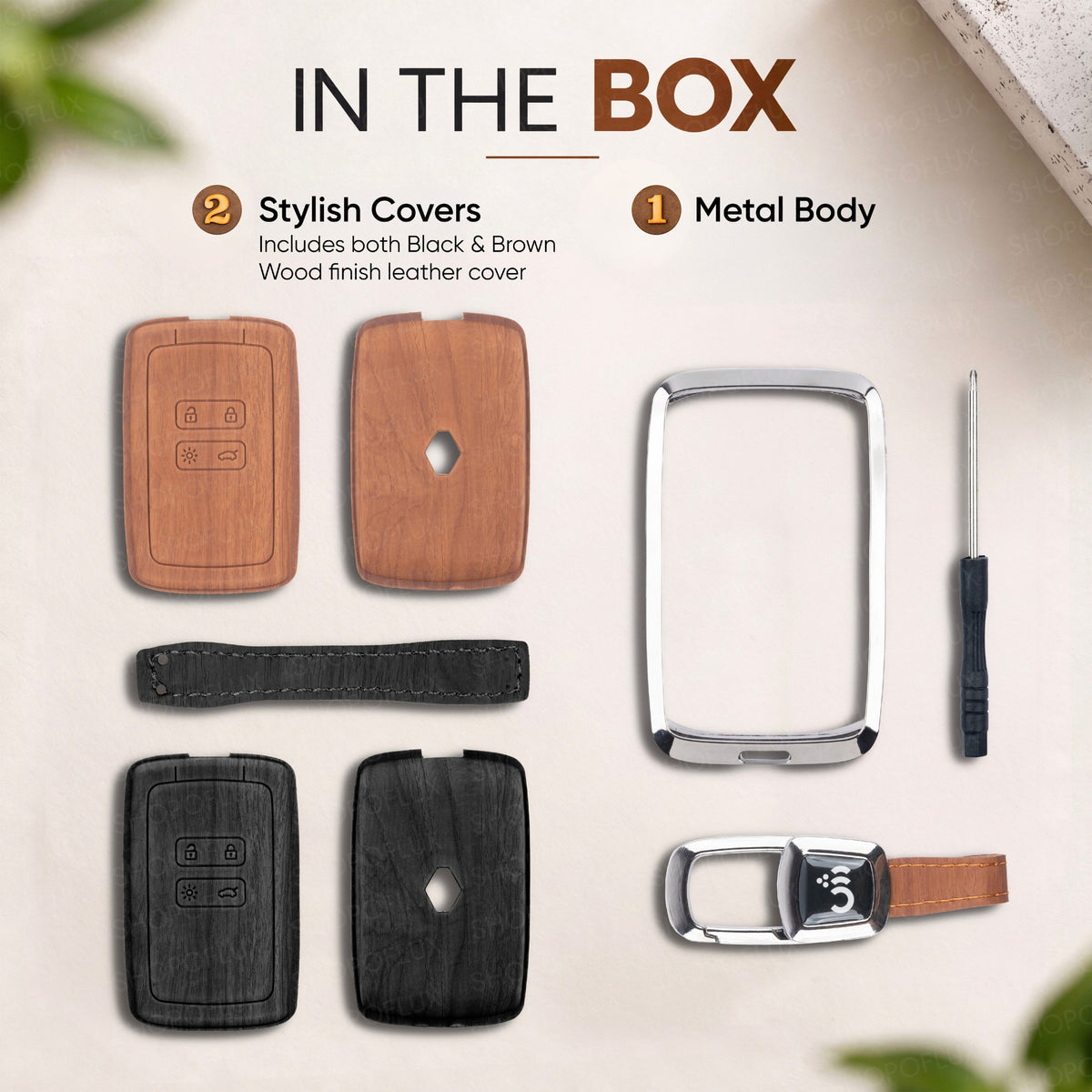 SHOPOFLUX Metal Key Cover Compatible with Renault Triber | Kiger | Duster | Gravite | Nissan Tekton 4 Button Smart Key (Black Brown Leather)