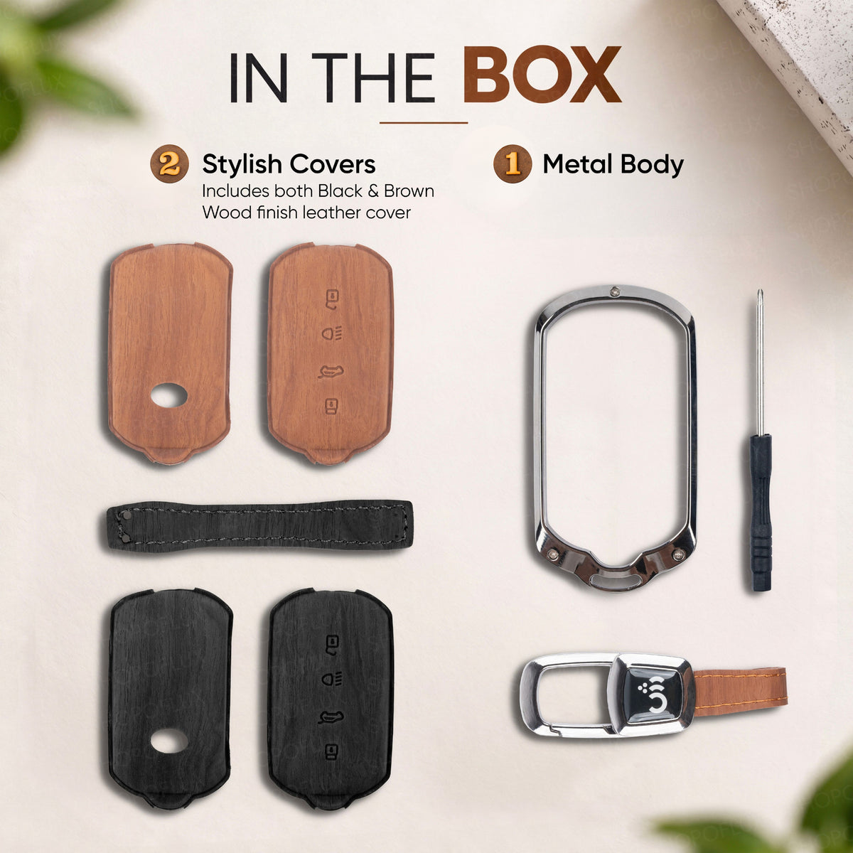 SHOPOFLU Key Cover Compatible for Tata Curvv | Curvv EV Electric | Sierra | Safari | Harrier | 4 Button Smart Key Only (Leather Black Brown)