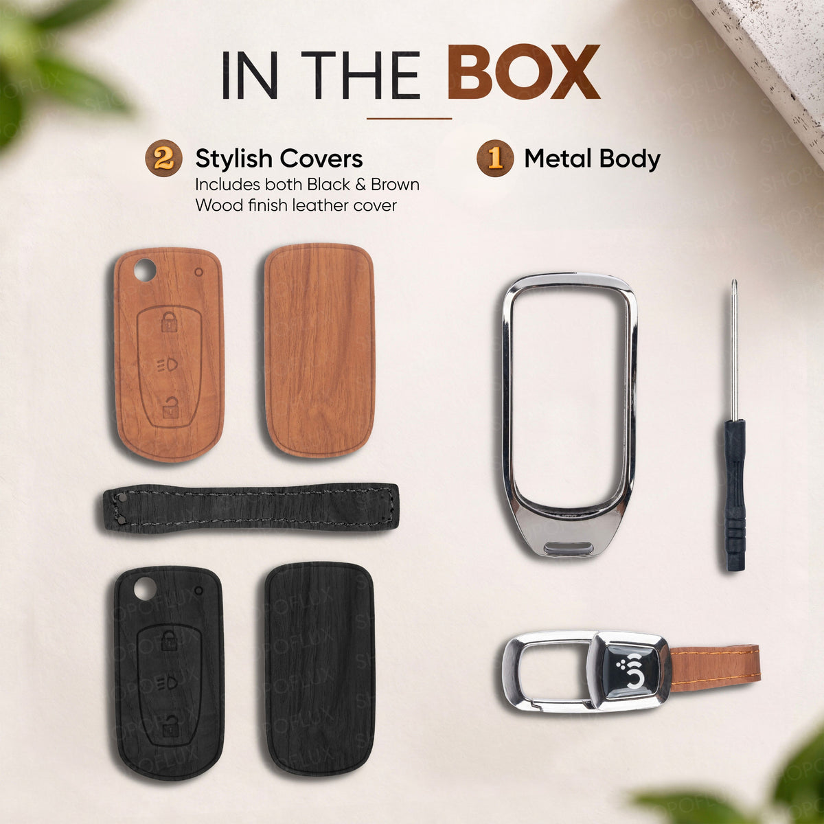 SHOPOFLUX Metal Key Cover Compatible with Tata Tiago | Nexon | Altroz | Curvv | Safari | Storme | Zest | Bolt | Tigor | Punch | Hexa 3 Button Flip Key (Leather Black Brown)