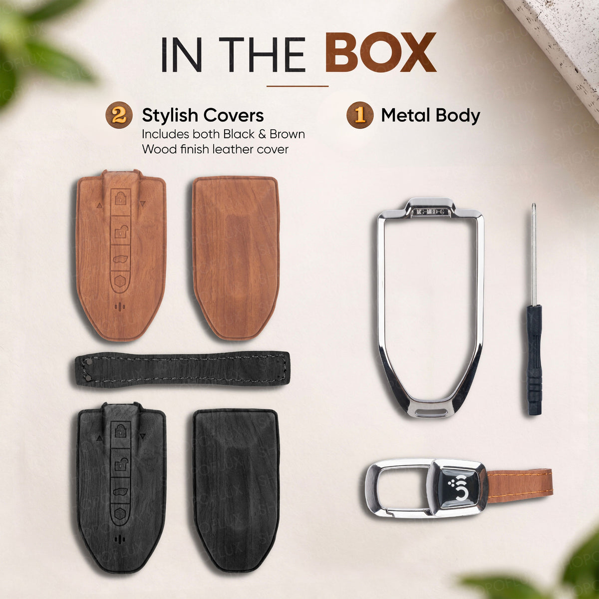 SHOPOFLUX Metal Key Cover Compatible with Mahindra BE 6, XEV 9 EV, XUV 7XO Smart Key (Black Brown Leather)