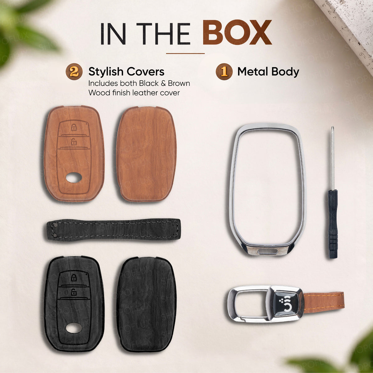 SHOPOFLUX Metal Key Cover Compatible with Toyota Innova Crysta, Hilux, Invicto 2 Button Smart Only (Leather Black Brown)