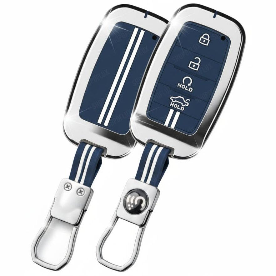 SHOPOFLUX Metal Key Cover Compatible with Kia Seltos | Sonet | Carens 4 Button Smart Key (Black) (Blue Silicone (Pack 1)) Shopoflux
