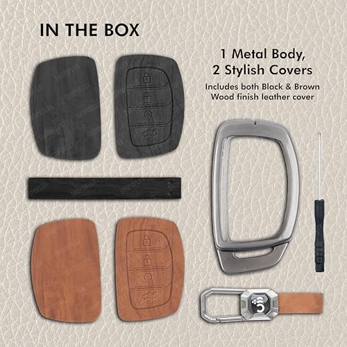 SHOPOFLUX Metal Key Cover Compatible with Hyundai Alcazar and Creta ev Car 4 Button Smart Key - Black Shopoflux