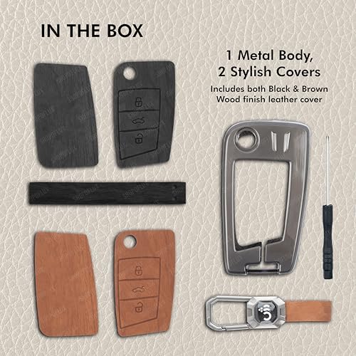 SHOPOFLUX Metal Key Cover Compatible for Skoda & Volkswagen Cars Kylaq | Slavia | Kushaq | Octavia | Virtus | Taigun | Tiguan | T Roc 3 Button Flip Key (Leather Black Brown) Shopoflux