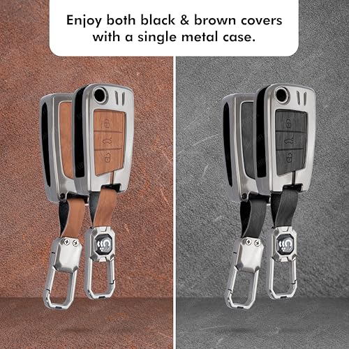 SHOPOFLUX Metal Key Cover Compatible for Skoda & Volkswagen Cars Kylaq | Slavia | Kushaq | Octavia | Virtus | Taigun | Tiguan | T Roc 3 Button Flip Key (Leather Black Brown) (Copy) Shopoflux